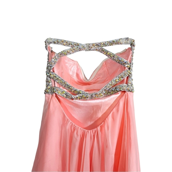 La Femme Glittery Beaded Pink Chiffon Mini Dress - Picture 5 of 7